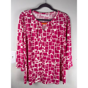 Susan Graver Pink Geometric Print Beaded V-Neck Top XL Stretch Knit